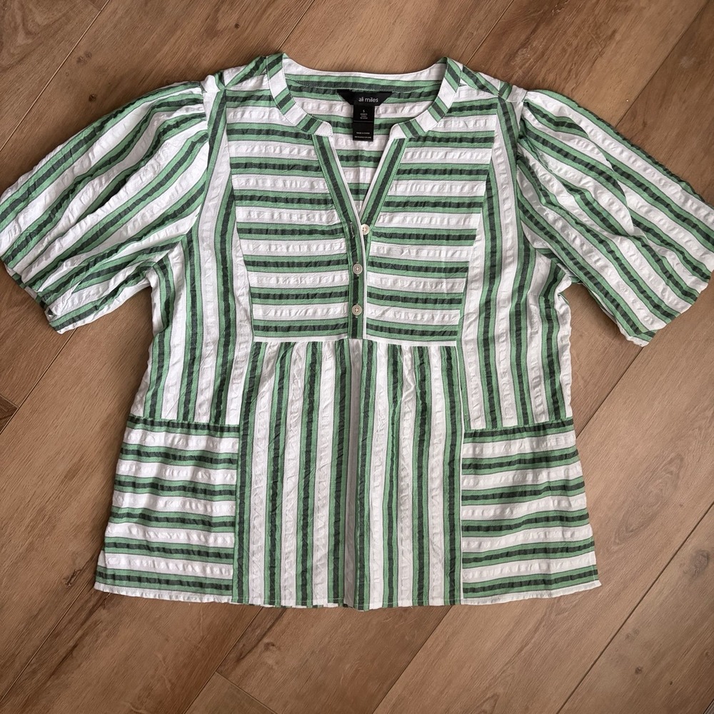 Ali Miles Small Blouse / Striped Blouse Peplum Green and White Button Down Top S